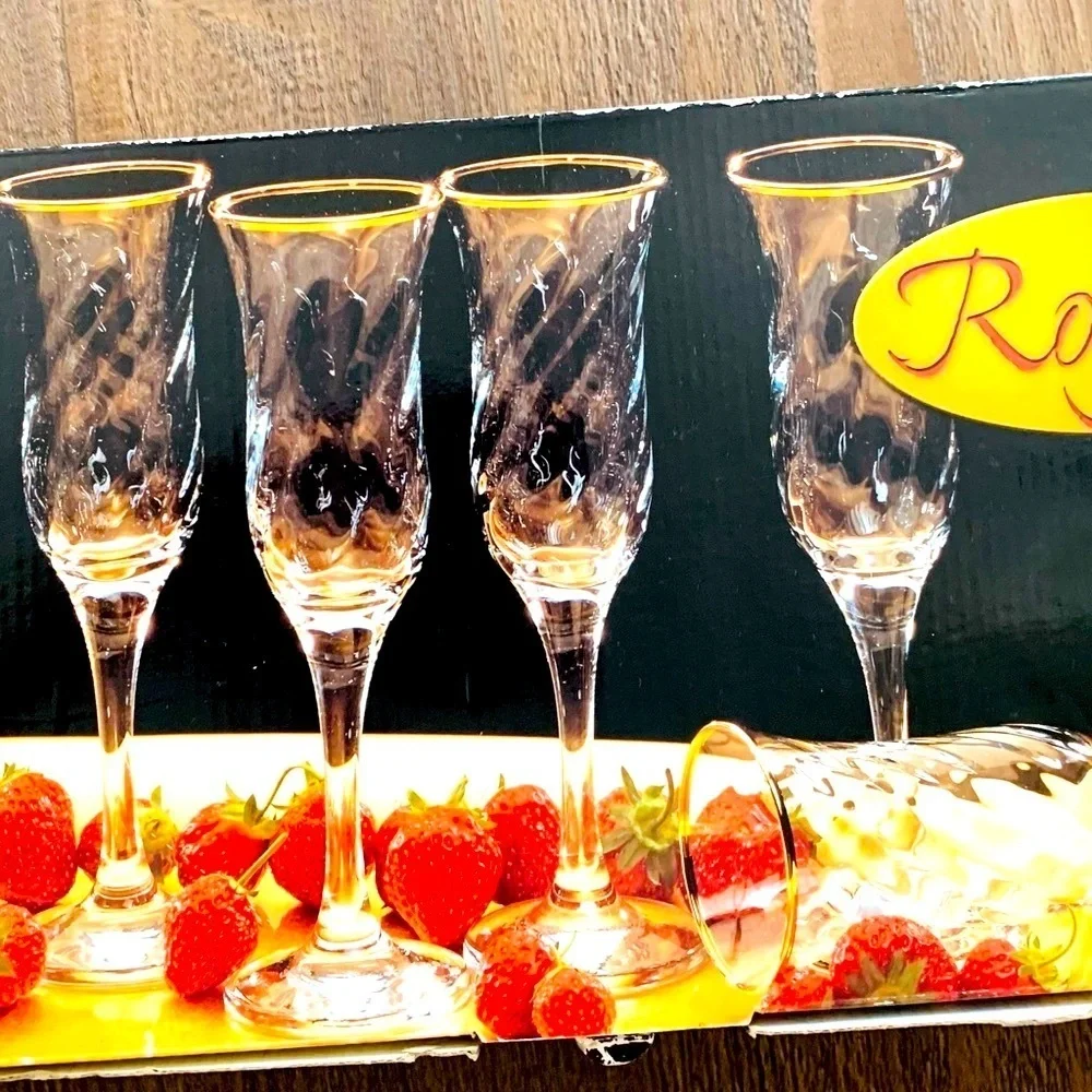 Hand Decorated 24 karat Gold 6 champagne flutes from Turkey